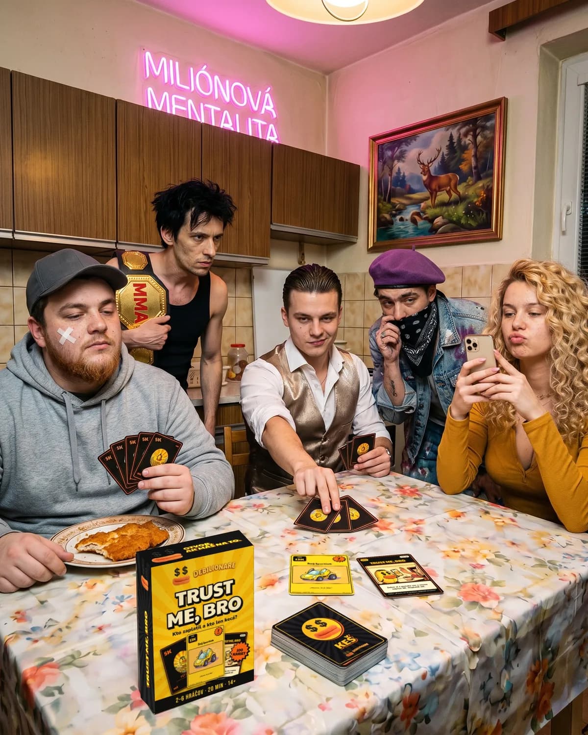 Partia ľudí oblečených ako debilionári hrá TRUST ME, BRO za kuchynským stolom u babky